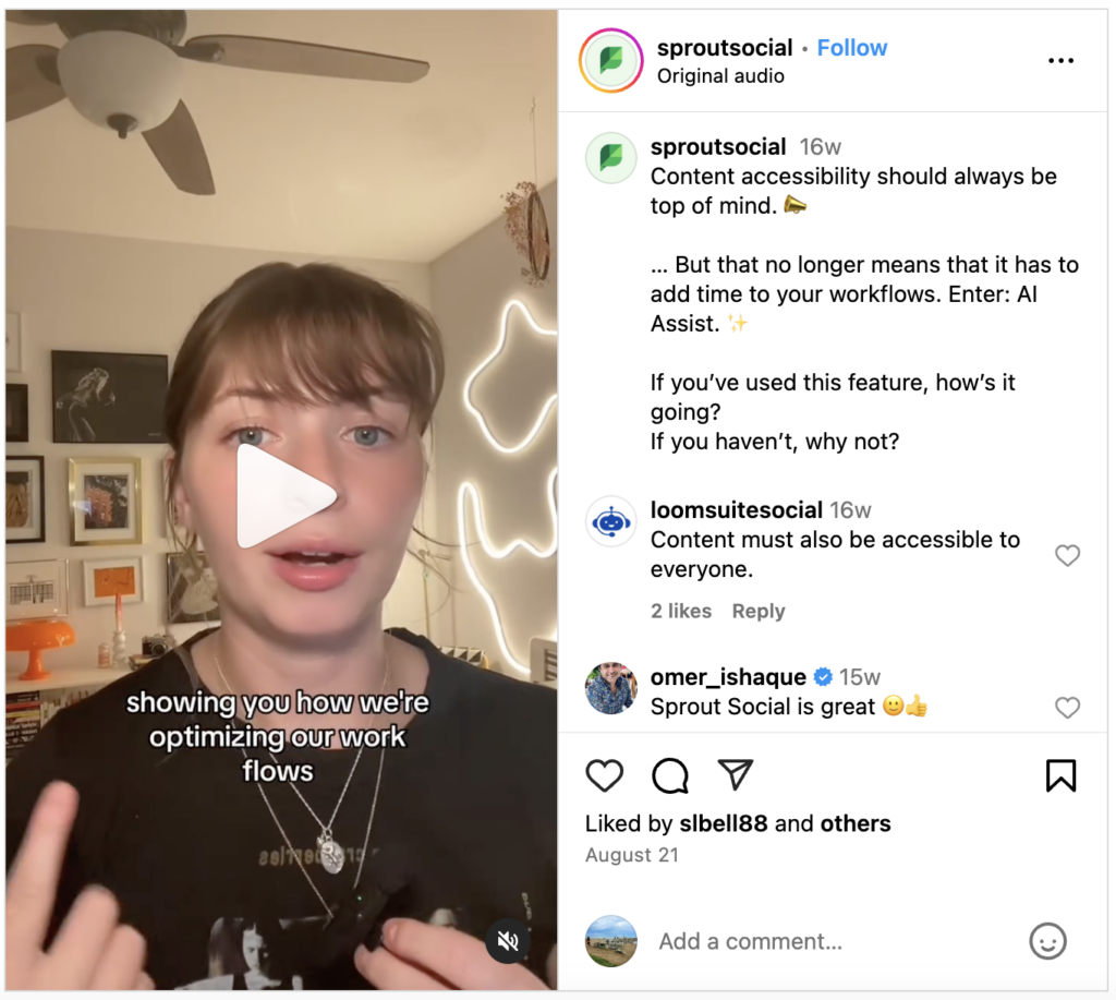 An Instagram post shared by Sprout Social where an employee talks about how Sprout’s Generate by AI Assist helped save time and effort by generating image alt text options for images shared on social.